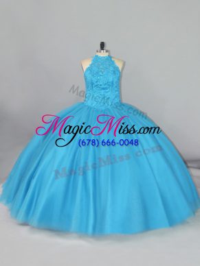 Aqua Blue Ball Gowns Halter Top Sleeveless Tulle Brush Train Lace Up Beading and Lace Quinceanera Gown