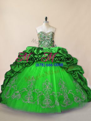 Green Ball Gown Prom Dress Taffeta and Tulle Brush Train Sleeveless Beading and Pick Ups