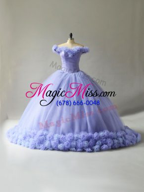 Hand Made Flower Quince Ball Gowns Lavender Lace Up Sleeveless Court Train
