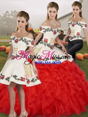 Modest Floor Length Three Pieces Sleeveless White And Red Vestidos de Quinceanera Lace Up