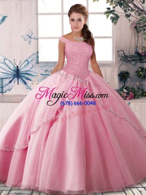 Rose Pink Tulle Lace Up Vestidos de Quinceanera Sleeveless Brush Train Beading