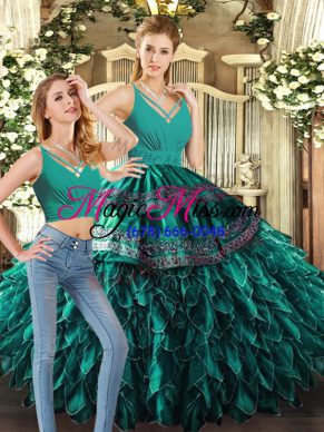 Floor Length Backless Quinceanera Dress Turquoise for Sweet 16 and Quinceanera with Appliques and Ruffles