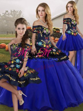 Charming Royal Blue Ball Gowns Embroidery 15th Birthday Dress Lace Up Tulle Sleeveless Floor Length