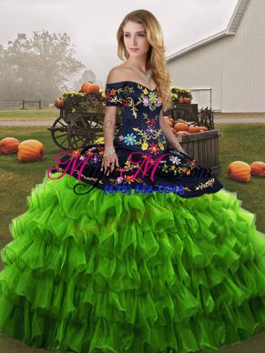 Green Organza Lace Up Quinceanera Gown Sleeveless Floor Length Embroidery and Ruffled Layers