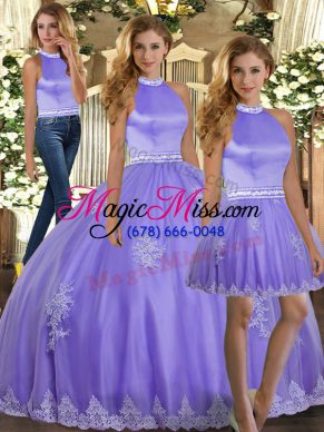 Floor Length Backless 15th Birthday Dress Lavender for Sweet 16 and Quinceanera with Appliques