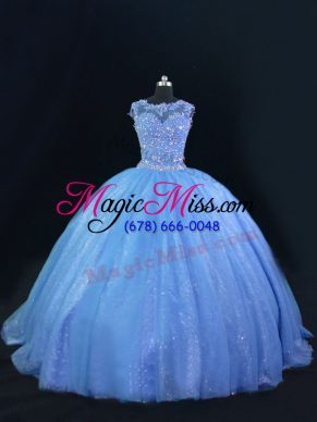 Trendy Ball Gowns Quinceanera Dress Blue Scoop Tulle and Sequined Sleeveless Lace Up