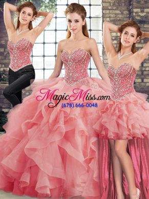 Most Popular Sweetheart Sleeveless Quinceanera Dresses Brush Train Beading and Ruffles Watermelon Red Tulle