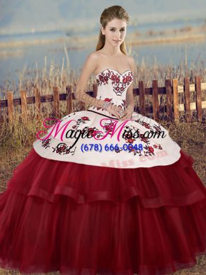 Fancy Floor Length Ball Gowns Sleeveless White And Red Quinceanera Dresses Lace Up