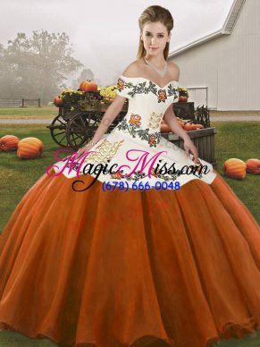 Off The Shoulder Sleeveless Quinceanera Gowns Floor Length Embroidery Rust Red Organza