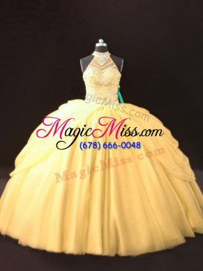 Suitable Gold Ball Gowns Halter Top Sleeveless Tulle Floor Length Lace Up Beading and Pick Ups Quinceanera Gown