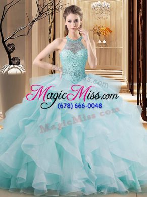 Attractive Light Blue Halter Top Neckline Embroidery and Ruffles Sweet 16 Dress Sleeveless Lace Up