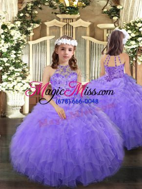 Floor Length Lace Up Little Girl Pageant Gowns Lavender for Party and Sweet 16 and Wedding Party with Beading and Ruffles