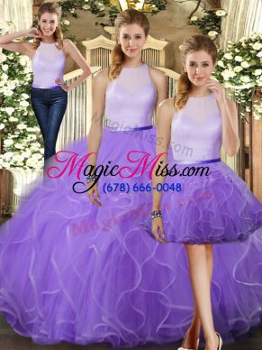 Fantastic Three Pieces Sweet 16 Quinceanera Dress Lavender High-neck Tulle Sleeveless Floor Length Backless