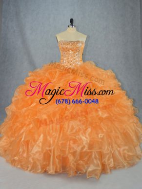 Super Orange Ball Gowns Strapless Sleeveless Organza Floor Length Lace Up Beading and Ruffles Quinceanera Dress