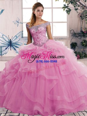 Custom Design Rose Pink Lace Up Off The Shoulder Beading and Ruffles Quinceanera Gown Tulle Sleeveless