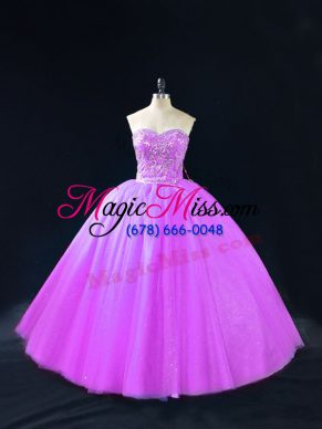 Sleeveless Tulle Floor Length Lace Up Vestidos de Quinceanera in Purple with Beading