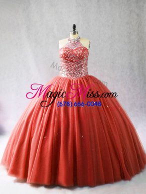 Red Lace Up Quinceanera Dresses Beading Sleeveless Brush Train