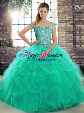 Sweet Turquoise Tulle Lace Up Quince Ball Gowns Sleeveless Brush Train Beading and Ruffles