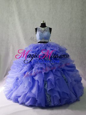 Organza Scoop Sleeveless Brush Train Zipper Ruffles and Sequins Sweet 16 Quinceanera Dress in Lavender