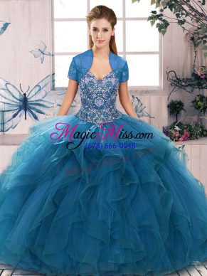 Designer Blue Sleeveless Tulle Lace Up Sweet 16 Dresses for Military Ball and Sweet 16 and Quinceanera