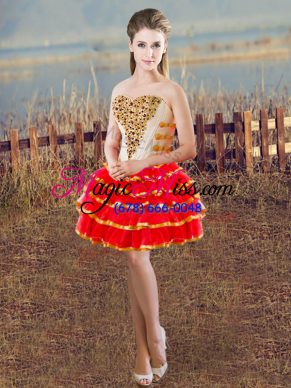 Nice Sleeveless Mini Length Beading and Ruffled Layers Lace Up with Red