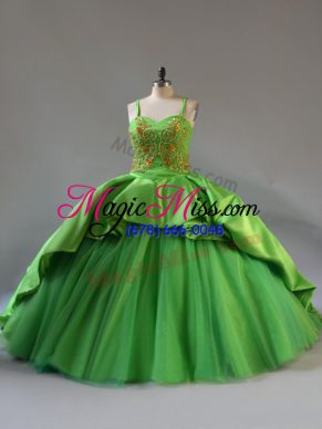 Smart Green Straps Lace Up Beading and Embroidery and Pick Ups 15 Quinceanera Dress Court Train Sleeveless