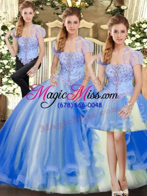 Tulle Strapless Sleeveless Lace Up Beading and Ruffles Quinceanera Dresses in Blue