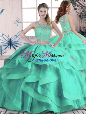 Tulle Sleeveless Floor Length Ball Gown Prom Dress and Beading and Ruffles