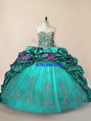 Turquoise Taffeta Lace Up Sweetheart Sleeveless Quinceanera Dresses Brush Train Beading and Pick Ups