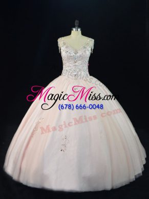 Hot Selling Pink Lace Up V-neck Beading 15 Quinceanera Dress Tulle Sleeveless