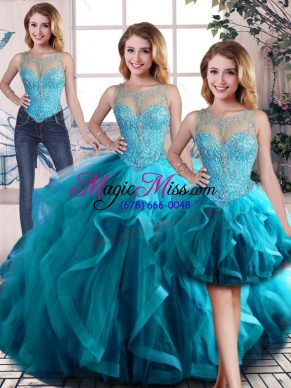 Aqua Blue Scoop Neckline Beading and Ruffles 15th Birthday Dress Sleeveless Lace Up