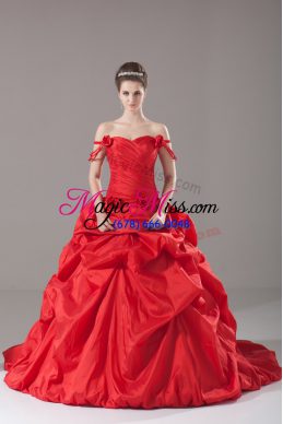 Fantastic Sleeveless Brush Train Lace Up Ruching and Pick Ups and Hand Made Flower 15 Quinceanera Dress