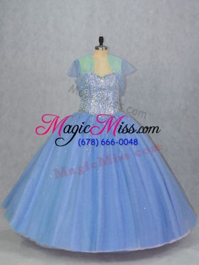Free and Easy Ball Gowns Quinceanera Gown Blue Sweetheart Tulle Sleeveless Floor Length Lace Up