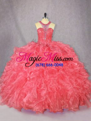 Coral Red Ball Gowns Beading and Ruffles 15th Birthday Dress Zipper Organza Sleeveless Floor Length