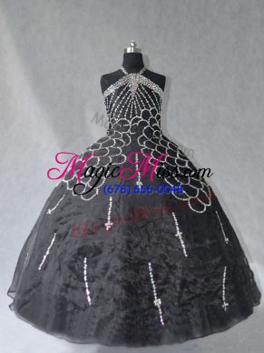 Beading Quince Ball Gowns Black Lace Up Sleeveless Floor Length