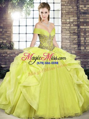 Super Floor Length Yellow Sweet 16 Quinceanera Dress Organza Sleeveless Beading and Ruffles