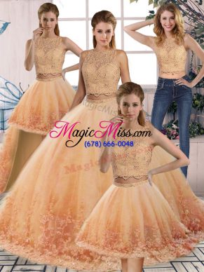 Scalloped Sleeveless Sweep Train Backless Quinceanera Dress Gold and Peach Tulle