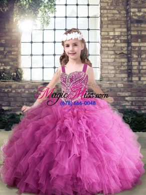 Floor Length Lilac Little Girl Pageant Gowns Tulle Sleeveless Beading