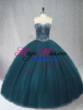 Designer Ball Gowns Quinceanera Dresses Peacock Green Sweetheart Tulle Sleeveless Floor Length Lace Up