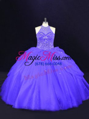Halter Top Sleeveless Quinceanera Dresses Floor Length Beading Purple Tulle