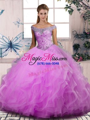 Beading and Ruffles Quinceanera Dress Lilac Lace Up Sleeveless Floor Length