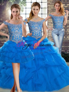 Latest Blue Lace Up Quince Ball Gowns Beading and Pick Ups Sleeveless Brush Train