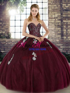 Burgundy Sweetheart Neckline Beading and Appliques Quinceanera Dress Sleeveless Lace Up