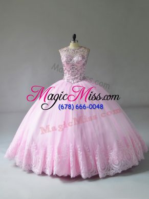 Spectacular Baby Pink Lace Up Quinceanera Dresses Beading and Appliques Sleeveless Floor Length