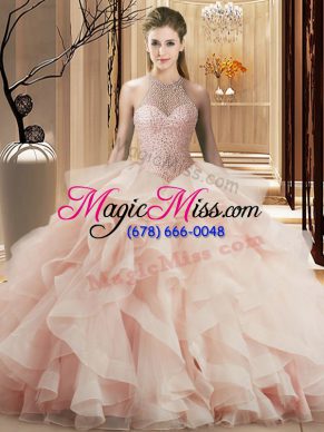 Pink Halter Top Neckline Beading and Ruffles Vestidos de Quinceanera Sleeveless Lace Up