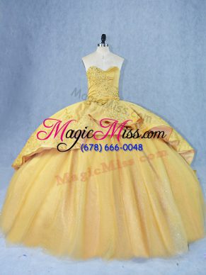 Gold Ball Gowns Beading and Appliques Vestidos de Quinceanera Lace Up Satin and Tulle Sleeveless