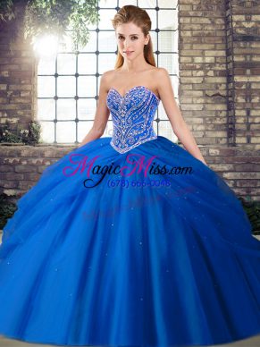 Colorful Brush Train Ball Gowns Quinceanera Gowns Blue Sweetheart Tulle Sleeveless Lace Up