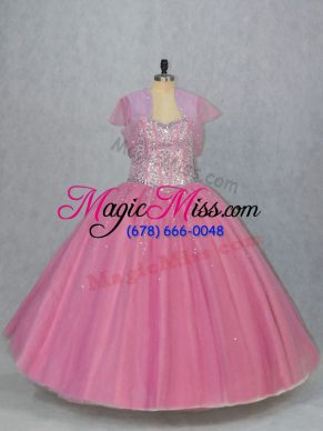 Glittering Floor Length Lace Up Quinceanera Gowns Pink for Sweet 16 and Quinceanera with Beading