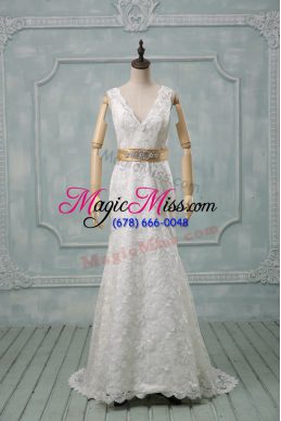 Fine White Sleeveless Brush Train Beading and Lace and Belt Wedding Dresses