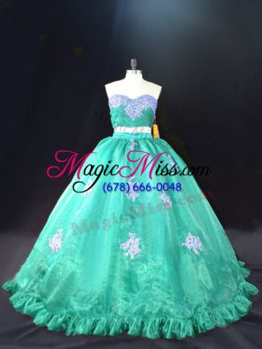 Turquoise Ball Gowns Organza Sweetheart Sleeveless Appliques Zipper Quinceanera Gowns